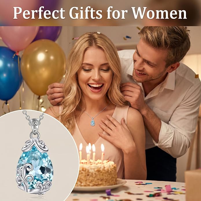 POPLYKE Sterling Silver Gemstone Teardrop Pendant Necklace Crystal Jewelry for Women