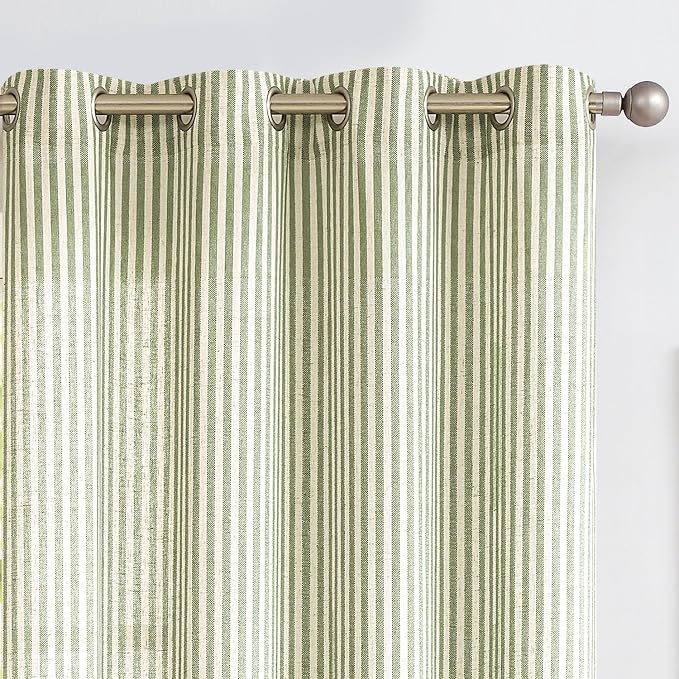 Vangao Linen Striped Curtains for Living Room Bedroom Farmhouse Tickingstripe Light Filtering Window Curtains Printed Drapes Grommet Top 2 Panels Green W50 x L108