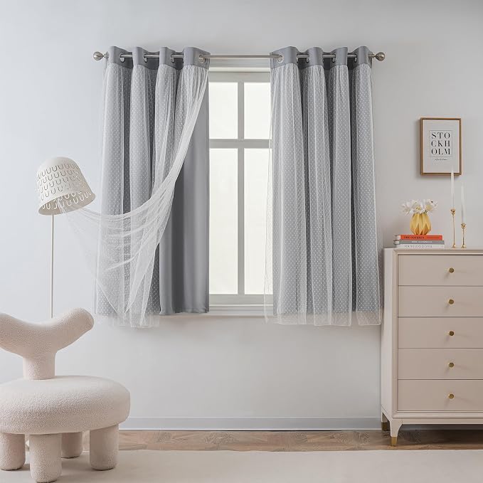 MYSKY HOME 65% Blackout Short Curtains for Girls Bedroom & Nursery Kids Grey Cute Curtains 63 inch Long Double Layer with Polka Dots Sheer, Grommet Tops, 52" Wide Each Panel, 2 Panels