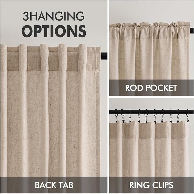 MIULEE Non-See-Through Privacy Linen Curtains 52W x 96L Inch Beige | 2 Panels, Light Filtering, Semi Sheer Window Curtains, Farmhouse Textured, Back Tab Drapes for Bedroom Living Room
