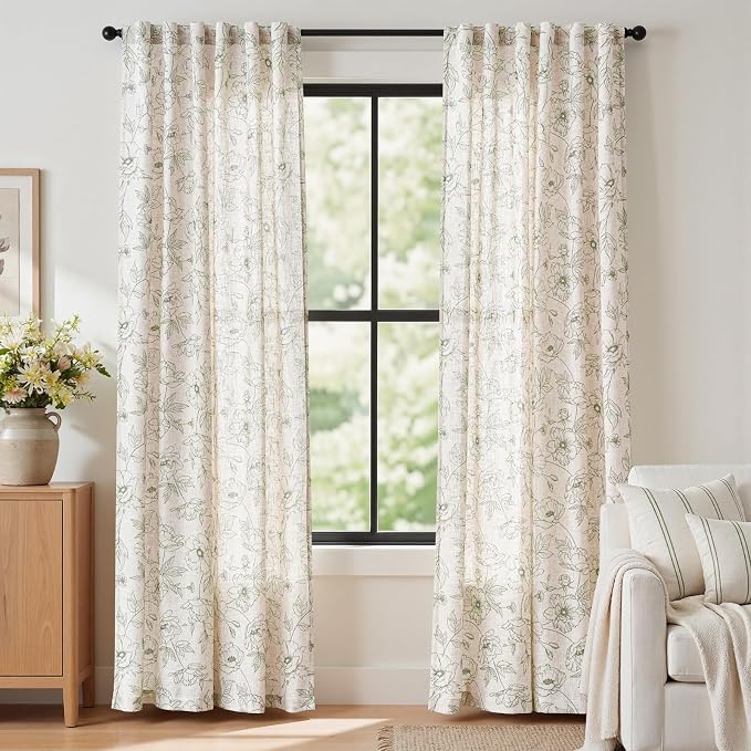 jinchan Floral Linen Curtains for Living Room 84 Inch Length Green Flower Curtain Rod Pocket Back Tab Farmhouse Curtains with Printed Floral Bedroom Window Curtain Set, 2 Panels Green