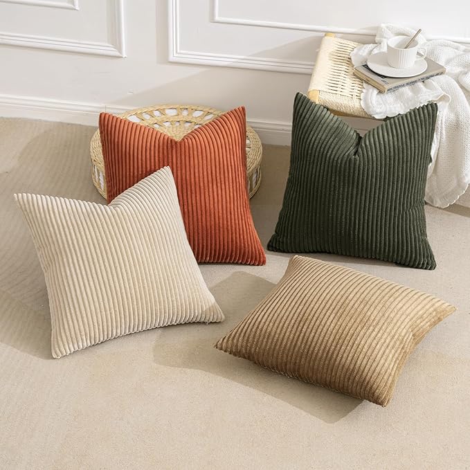 MIULEE Pack of 4 Rust-Olive Green Corduroy Decorative Throw Pillow Covers 16x16 Inch Soft Boho Striped Pillow Covers Modern Farmhouse Fall Home Decor for Winter Sofa Living Room Couch Bed