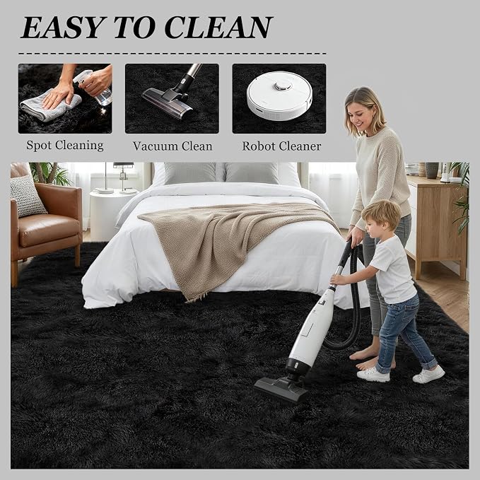 Fluffy 5x7 Area Rugs for Living Room Bedroom: Ultra Soft Shag Rug Non-Slip Non-Shedding Small Plush Bedside Rug Indoor Floor Carpets for Kids Room Playroom Entryway Nursery Dorms Home Decor Black