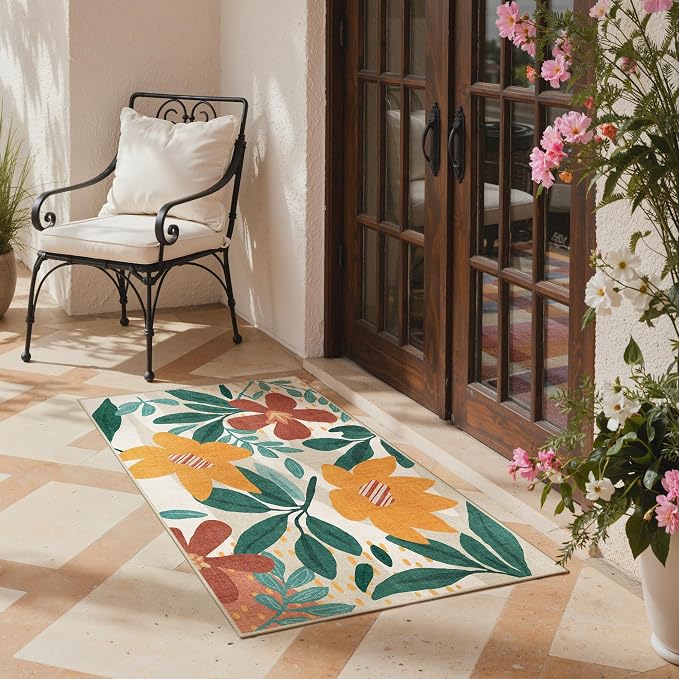 GENIMO 3x5 Outdoor Rug, Washable for Porch and Balcony, Teal Orange | Floral design for entryway; fade resistant chenille with quick-dry non-slip backing for indoor mudroom