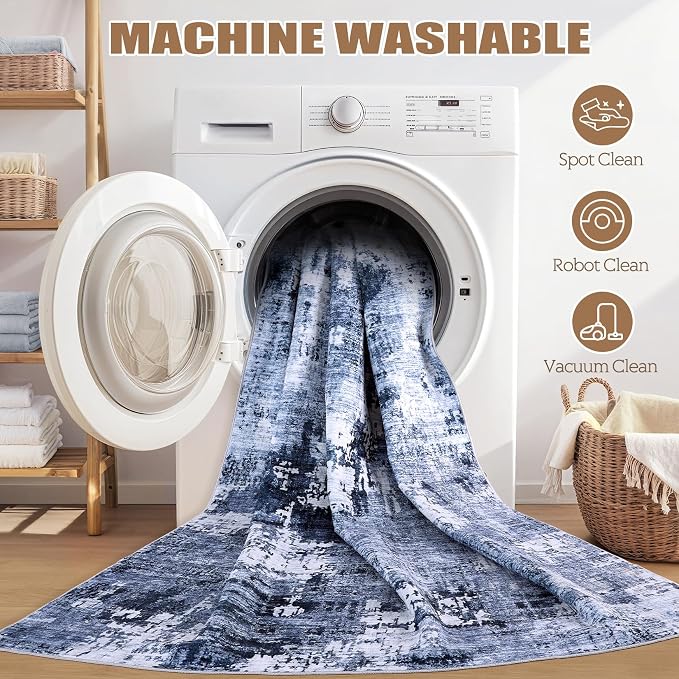 DMOYEST 6ft Round Area Rug Living Room Rugs - 6x6 Washable Large Soft Indoor Neutral Modern Abstract Low Pile Rug Carpet for Bedroom Dining Room Farmhouse Home Office - Navy Blue