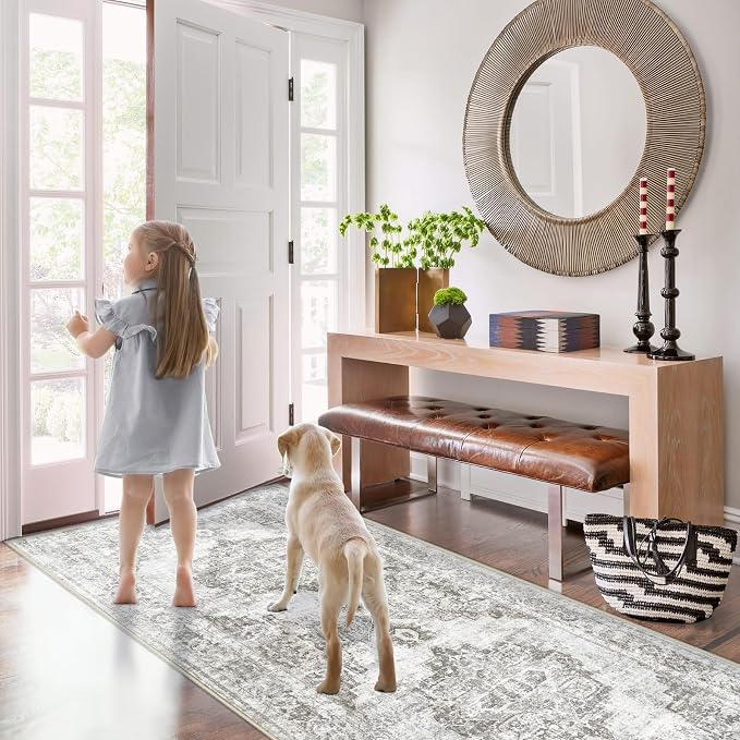 Area Rug 2x6 Runner Rugs: Washable Vintage Hallway Rug Indoor Medallion Rugs Low Pile Distressed Floor Carpet Retro Accent Rug for Kitchen Bedroom Bathroom Dining Room(Grey, 2'x6')