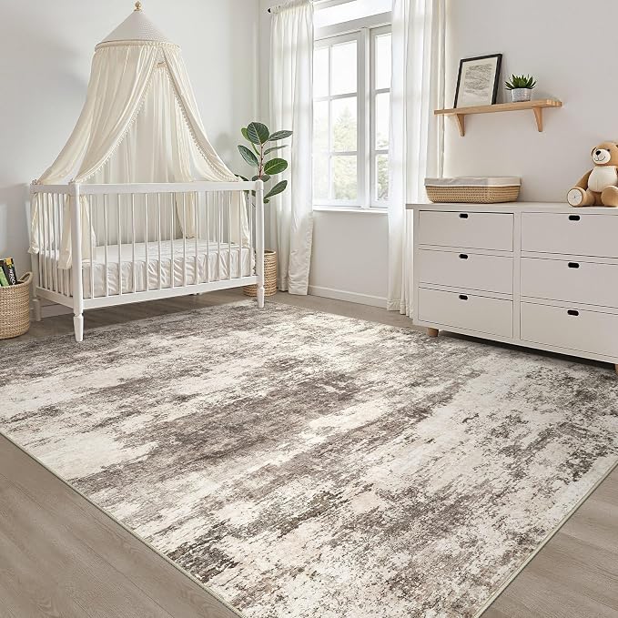 5x7 Area Rugs Living Room: Washable Large Neutral Rug Abstract Soft Modern Stain Resistant Indoor Floor Non-Slip Carpet for Bedroom Nursery Kids Office Playroom Dining Room Under Table- Mocha Brown