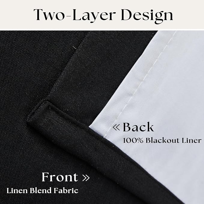 Black Pinch Pleated Black Out Linen 45 Inch Curtains with Liner 2 Panels | 100% Blackout, Memory Trained Pinch Pleat, Thermal Insulated, Noise Reduce, Short Curtains 2 Layers for Kitchen Small Window