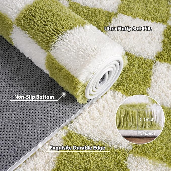 Pionblank Fluffy Area Rug for Bedroom 5x7, Modern Indoor Shag Carpet, Soft Plush Non Slip Checkered Rugs for Living Room Kids Room Home Decor, Grass Green and White