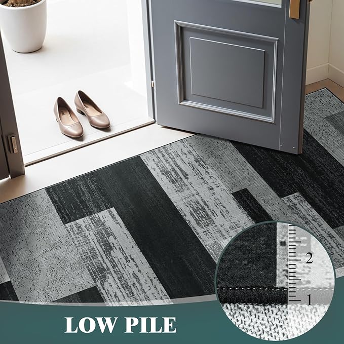 LIANLAM 3x5 Washable Area Rugs for Living Room and Bedroom(3x5,Black&Gray) | Non-Slip Small Carpet,Vintage Checkered Pattern, Stain Resistant Faux Wool Low Pile Soft Rug for Dining Room,Office,Nursery