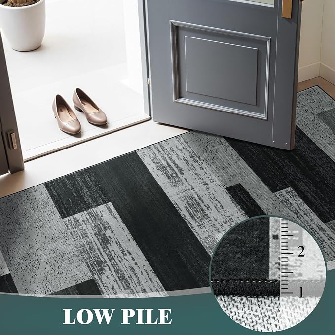 LIANLAM 6x9 Washable Area Rugs for Living Room and Bedroom(6x9,Black&Gray) | Non-Slip Large Carpet,Vintage Checkered Pattern, Stain Resistant Faux Wool Low Pile Soft Rug for Dining Room,Office,Nursery