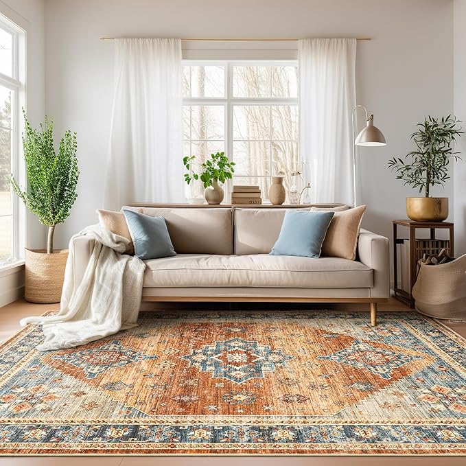 Roxstand 8x10 Washable Area Rugs, Vintage Non Slip Rug, Navy/Orange | Machine Washable Low Pile Rug, Stain Resistant, Pet and Kid Friendly, Carpet for Bedroom, Dining Room