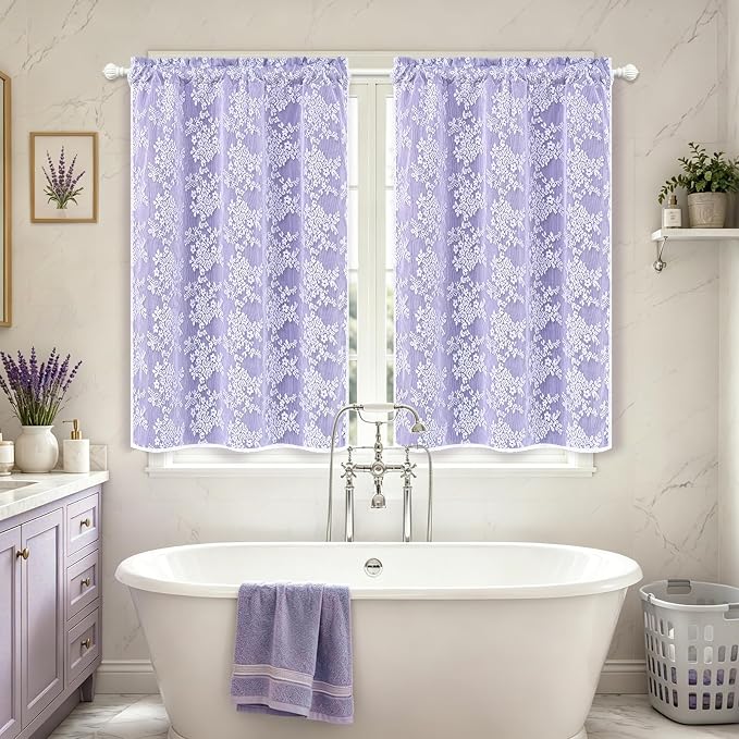 Yinhua Purple Kitchen Curtains 36 Inch Length Double Layer Blackout Curtains with Floral Sheer Overlay Rod Pocket Short Curtain for Windows, Small Window Curtain for Bathroom, Living Room, 2 Panels