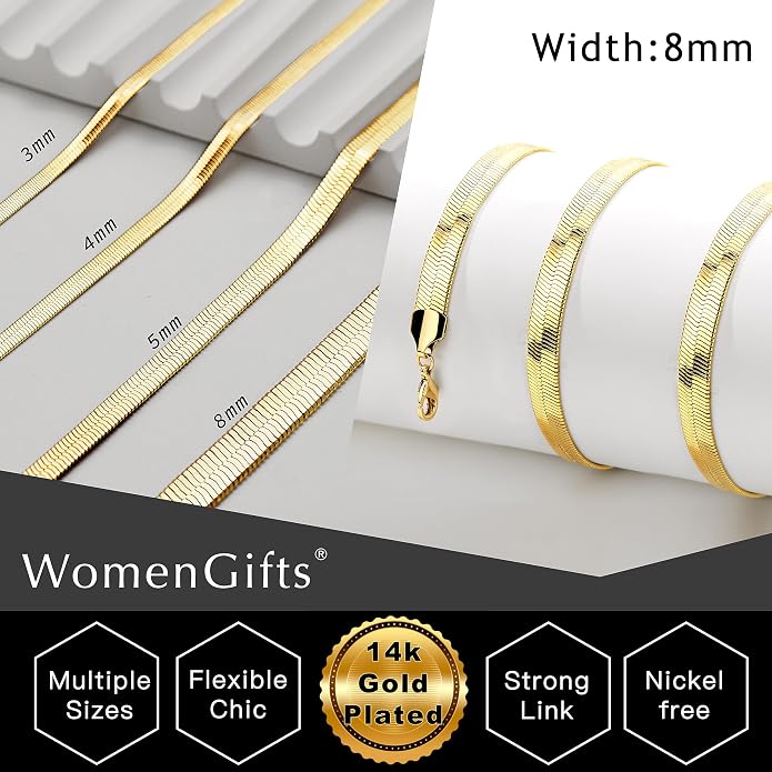 WomenGifts 14K Gold Silver Plated Herringbone Necklace for Women, Dainty Snake Chain Choker, Trendy Simple Long Layered Jewelry Non Tarnish, 3/4/5/8mm,14,16,18,20,22,24,26 Inch Thin & Chunky Options