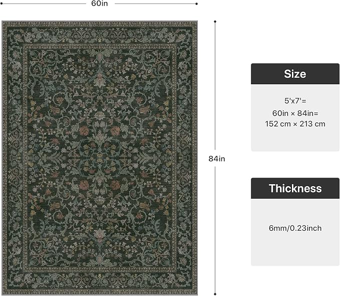 Clearance Vintage Floral Rugs 5x7, Washable Area Rug with Non Slip Backing, Low Pile for Living Room, Nursery,Bedroom & Home Decor, Lightweight Carpet, Dark Green