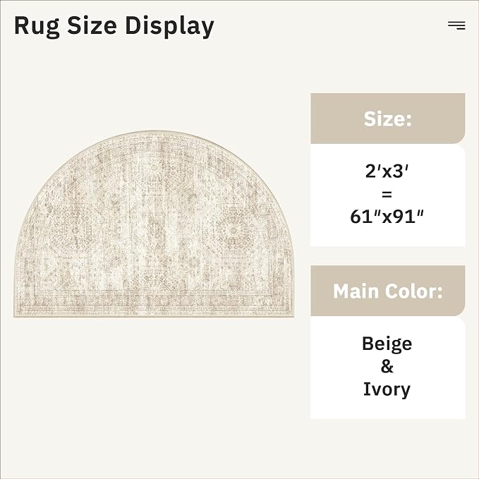 Soalmost Washable Half Circle Round Rug 2x3 Beige, Small Half Moon Rug Entryway Non-Slip Vintage Semi Circle Rugs Indoor Entrance, Low Pile Door Mat for Inside Front Door Bedroom Kitchen Entry
