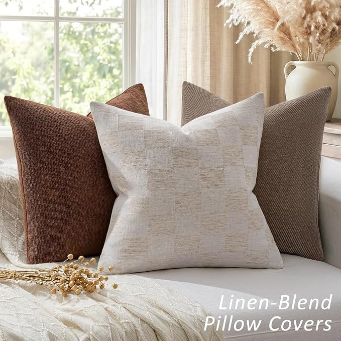 a moment Set of 2 Decorative Linen Throw Pillow Covers,Large Grid Textured Neutral Boho Farmhouse Cushion Covers,Soft Aesthetic Pillowcases for Couch Sofa Living Room Home Decor,24x24 Inch,Beige