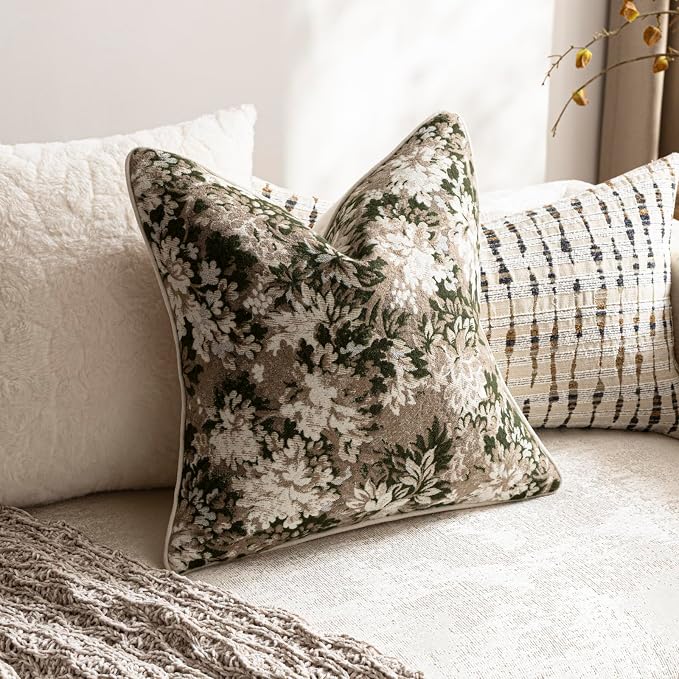 DEZENE Pack of 2 Vintage Floral Euro Sham Covers 26x26 Boho Farmhouse Accents Chenille Square Decorative Throw Pillow Cases for Living Room Couch Bed Home Decor, Green and Taupe