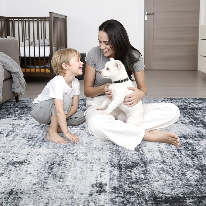 Round Area Rug for Living Room: 6 ft Washable Modern Abstract Soft Thin Rug Indoor Floor No Slip Stain Resistant Carpet for Bedroom Dining Room Farmhouse Nursery Home Office - Dark Black