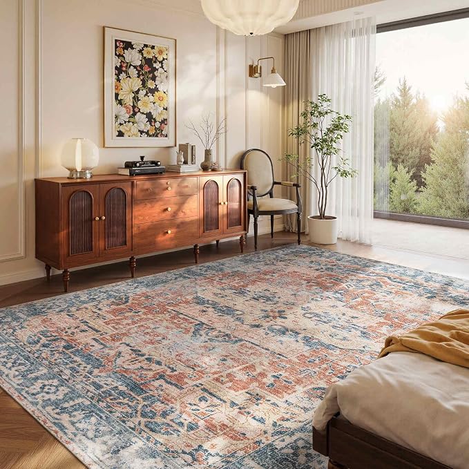 Rugxara Area Rugs 5x7 Washable Rug for Living Room Bedroom, Coral Blue | Non Slip, Rug for Dining Room Office Farmhouse Dorm, Stain Resistant, Soft, Vintage Boho Retro Carpet, Low Pile, Home Decor