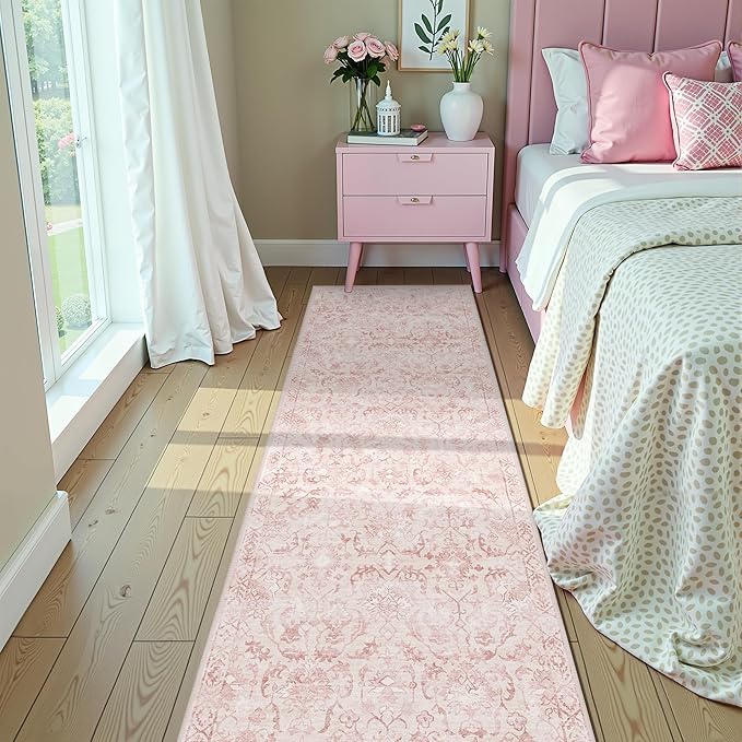 Pink 3x10 Runner Rug for Hallways Bed Side Kitchen, Boho Washable Distressed Low-Pile Floor Entryway Long Bathroom Mat, Non-Slip Laundry Room Washstand Front Carpet 36x84 Inch