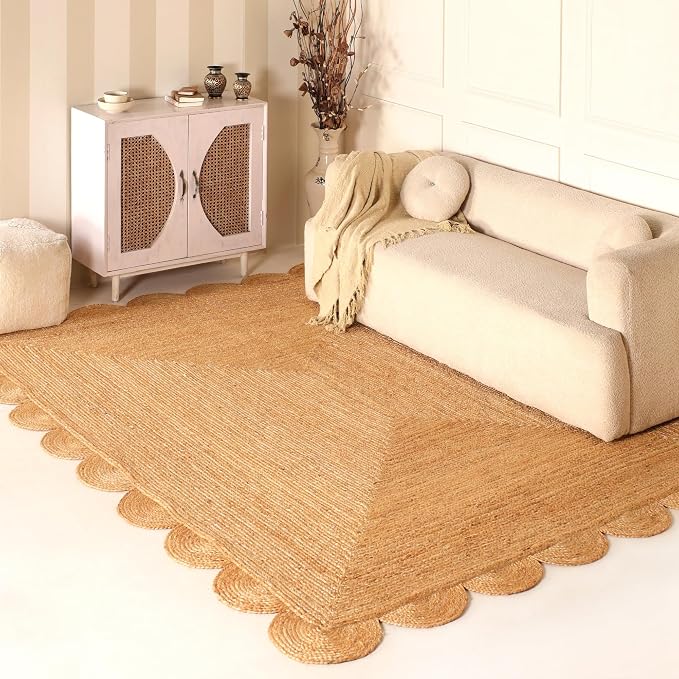 Scalloped Natural Jute Area Rug 6x9ft Handwoven Natural Living Room Bedroom