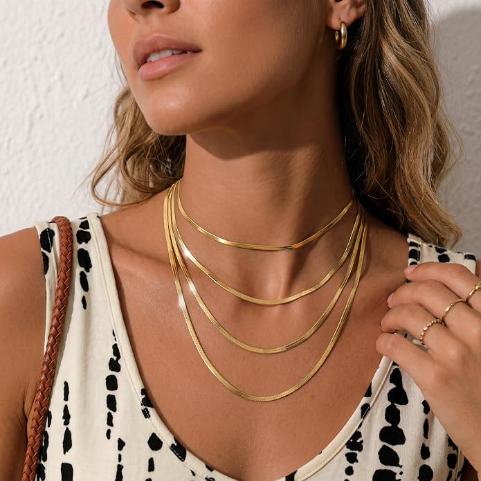 WomenGifts 14K Gold Silver Plated Herringbone Necklace for Women, Dainty Snake Chain Choker, Trendy Simple Long Layered Jewelry Non Tarnish, 3/4/5/8mm,14,16,18,20,22,24,26 Inch Thin & Chunky Options