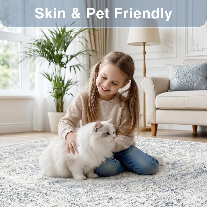 FMFUNCTEX 6x9 Washable Area Rug Blue Neutral Vintage Distressed Oriental Large Non Slip Carpet for Living Room Bedroom Soft Low Pile Indoor Mat Retro Throw Rug for Dining Room Kitchen Office Nursery