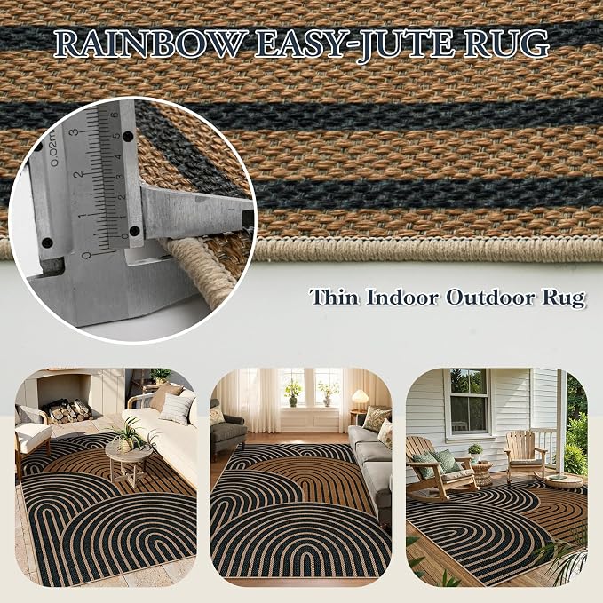 Lahome Enfys Modern Rainbow Easy Jute Carpet, Washable Rugs 5x7 for Living Room Black Farmhouse Dining Room Rug, Contemporary Natural Throw Mat Non Slip Floor Carpet for Office RV Patio