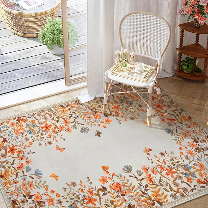 Wonnitar 8x10 Washable Area Rug, Burnt Orange Floral Rug for Living Room, Boho Large Botanical Bedroom Carpet, Non Slip Nursery Rug, Farmhouse Dining Room Decor (8x10 Orange)