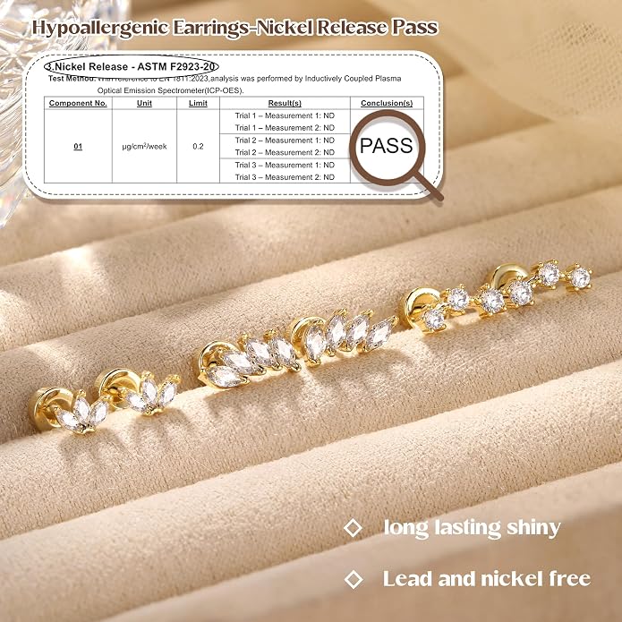 YADOCA 3 Pairs Hypoallergenic Sterling Silver Earrings 16Pcs Surgical Steel Gold Nose Rings Studs For Women
