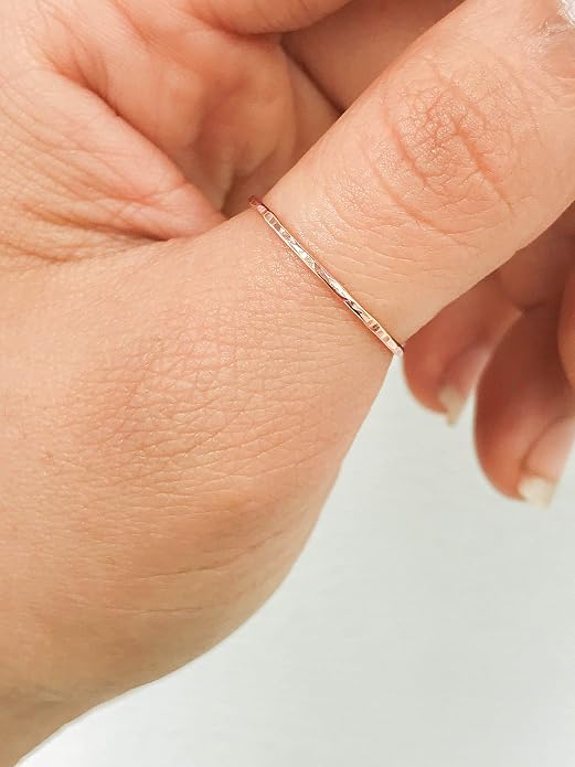 Ellie J Maui Hammered Ring, 1mm Thin Stacking Rings, Minimalist Rings for Women, 14K Gold Filled Rings for Teen Girls Midi Knuckle Pinky Finger Jewerly (Size 3-11)