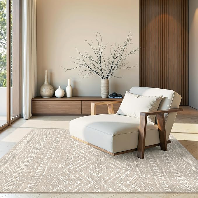 3x5 Washable Rug Moroccan Small Entryway Rug Non Slip Indoor Floor Carpet Foldable Thin Rugs for Kitchen Bedroom with Low Pile(Brown,3'x5')