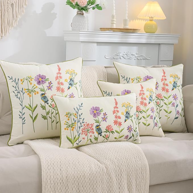 Embroidered Throw Pillow Covers 16 x 16 Set of 2 Vintage Birds with Flowers Pillow Cover Farmhouse Pillow Cushion Cases Summer Decorative Pillowcases Home Decor Square Floral Pillow Case