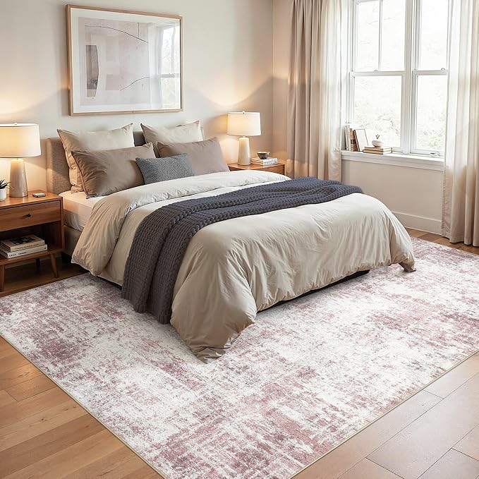 Washable 5x7 Area Rug for Living Room - Modern Abstract Carpet with Non-Slip Backing, Low Pile & Soft, Stain Resistant, Kid & Pet Friendly Decor for Bedroom & Dining Room - Pink