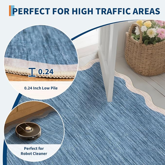 GarveeHome Scalloped Washable Area Rugs 9 x 12 Rug for Living Room Modern Non Slip Throw Rugs Blue Rug Large Bedroom Rugs Low Pile Stain Resistant Carpet for Dining Room Nursery 9 ft x12 ft Blue