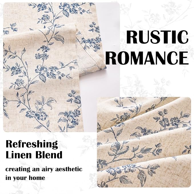 Lazzzy Blue Floral Linen Curtains 84 Inch Farmhouse Back Tab Drapes for Living Room Bedroom Light Filtering Vintage Grandmillennial Rod Pocket Curtains, 2 Panels, W38 x L84, Blue on Beige