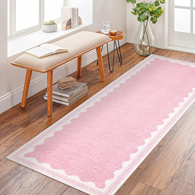2x6 Scalloped Runners Pink Washable Hallways Bedroom Rug | Solid Non Slip Scalloped Bath Runner, Rugs for Bedroom Girls, Rugs for Kitchen Floor Soft Dorm Nursery Carpet for Bedside
