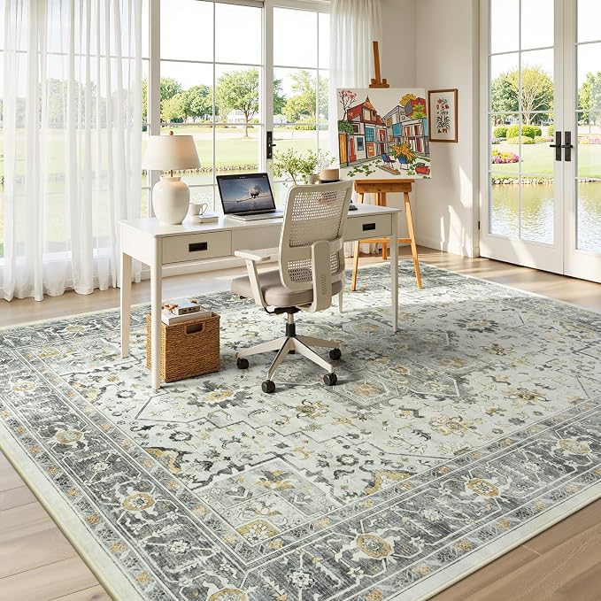 Taupe Vintage 9x12 Living Room Rug - Vintage Oriental Revival Low-Pile Carpet for Bedroom, Dining Table, Machine Washable Soft Non-Slip Large Area Rug Distressed Farmhouse Décor Light Grey