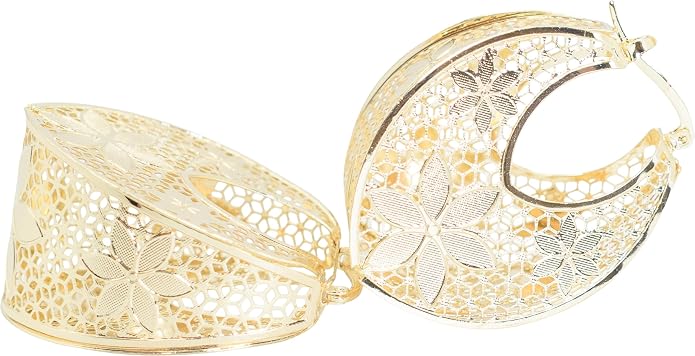 1.75" Inch Oval Flower Floral Lace Hollow Chunky Yellow Gold Filled Chunky Hoop Earrings, Hinge Post