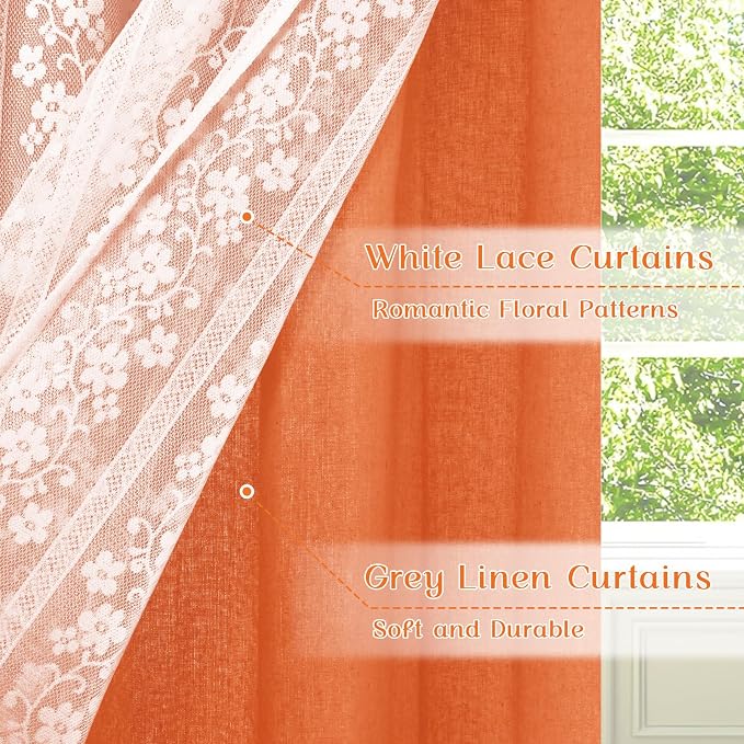 ASPMIZ Linen Kitchen Curtains Double Layers Window Curtain with Linen Lace, Farmhouse Cafe Curtain 36 Inch Length Rod Pocket, Light Filtering Bathroom Tier Curtains with 2 Tiebacks, Orange