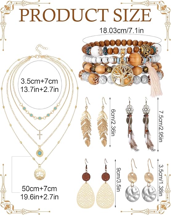 Tondiamo 12Pcs Boho Jewelry Set for Women Bohemian Western Jewelry Set with Long Pendant Necklace Dangle Earrings and Stackable Bangle Bracelets Accessories for Women Friendship Gift