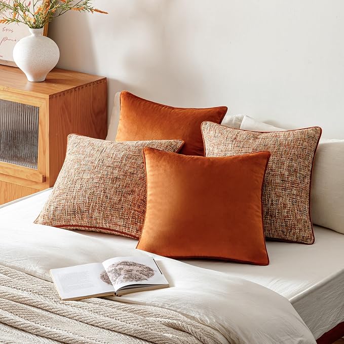 a moment Fall Orange 4 Pack Throw Pillow Covers - Chenille & Velvet Set with Piping, Farmhouse Textured Design Cushion Cases for Couch Sofa Bed (20x20 Inch, No Insert)