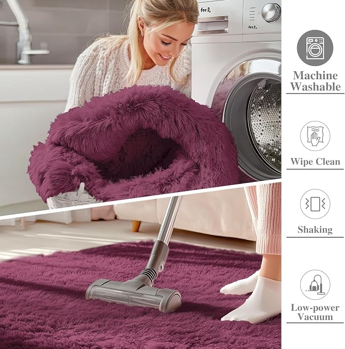OLANLY 2x6 Machine Washable Runner Rugs for Hallway, Soft Fluffy Shaggy Bedside Rugs for Bedroom, Living Room, Indoor Floor Carpet for Kids Girls Boys, Nursery Rooms, Home Decor Aesthetic, Burgundy