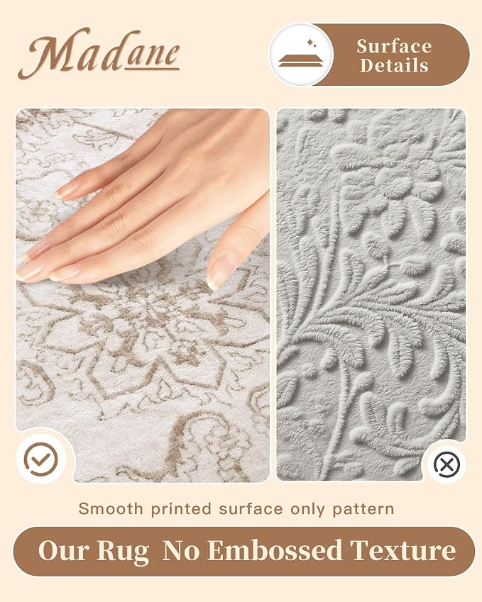 Madane Runner Rug 2x12 for Hallway, Kitchen Non-Slip Runner Rug with Rubber Backing, Vintage Soft Low Pile Throw Neutral Carpet Runner for Laundry Room Entryway Bathroom Bedroom (2 x 12, Brown/Ivory)