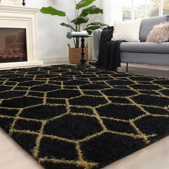 Fluffy Rug for Bedroom, Soft 6x9 Black Shag Plush Geometric Area Rugs | Modern Black and Gold Rug, Non Slip Carpet for Living Room, Aesthetic Home Decor, Fuzzy Floor Mat for Nursery Teen Dorm