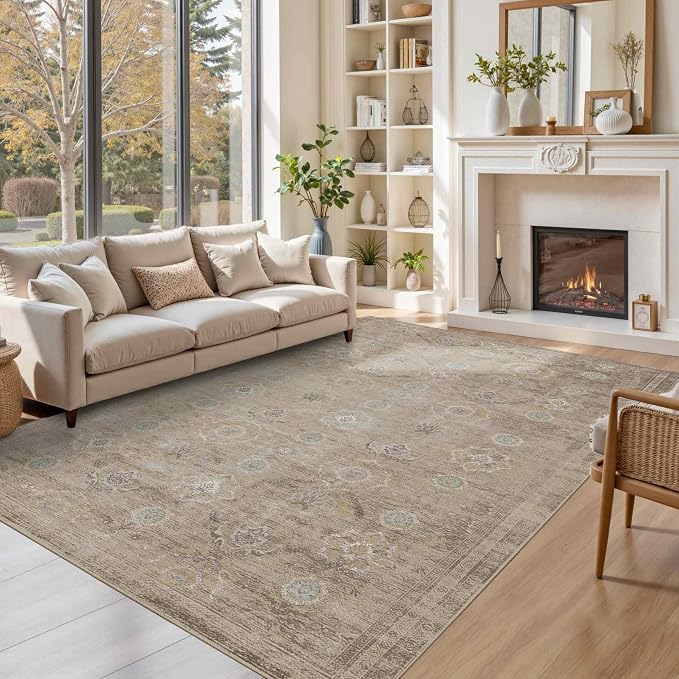 Rugxara Beige 6x9 Area Rugs Washable Rug for Living Room Dining Bedroom | Non Slip, Rug for Office Farmhouse Kids Room, Stain Resistant, Soft, Low Pile, Vintage Boho Floral Retro Carpet, Home Decor