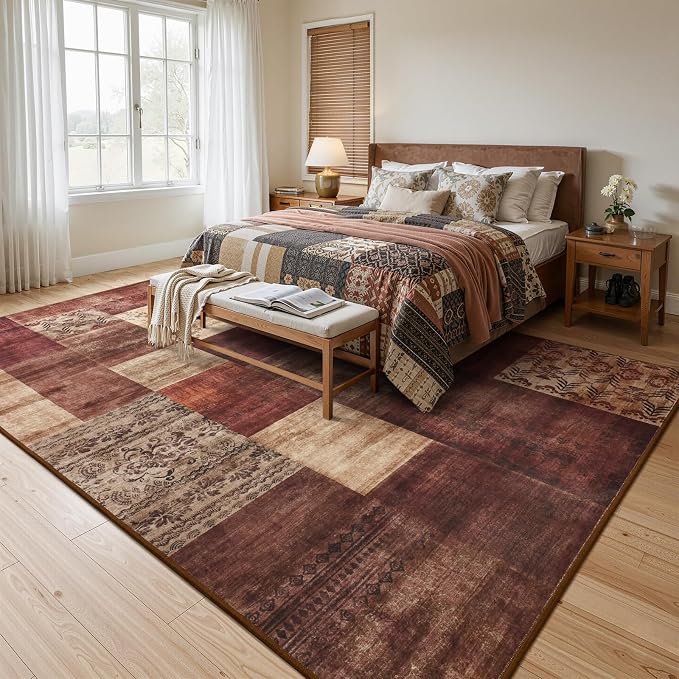 DweIke Washable Area Rugs 8x10 for Living Room, Large Modern Geometric Red Soft Patchwork Carpet, Non-Slip Stain Resistant Throw Rug for Bedroom Dining Room Office Home Decor