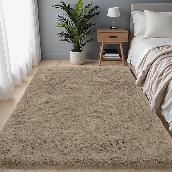 4x6 Area Rug for Living Room, Ultra Soft Fluffy Shag Rugs for Bedroom, Non-Slip Large Fuzzy Plush Rug Indoor Floor Carpet for Nursery Kids Office Dorm Modern Decor, Gray Camel