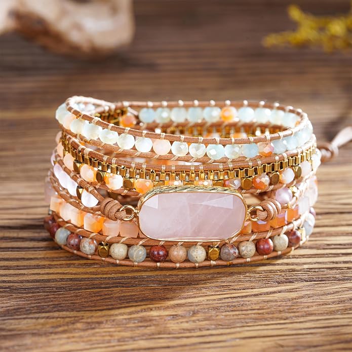 Plumiss Women Boho Handmade Natural Stone Crystal Leather Bead Wrap Bracelets Collection